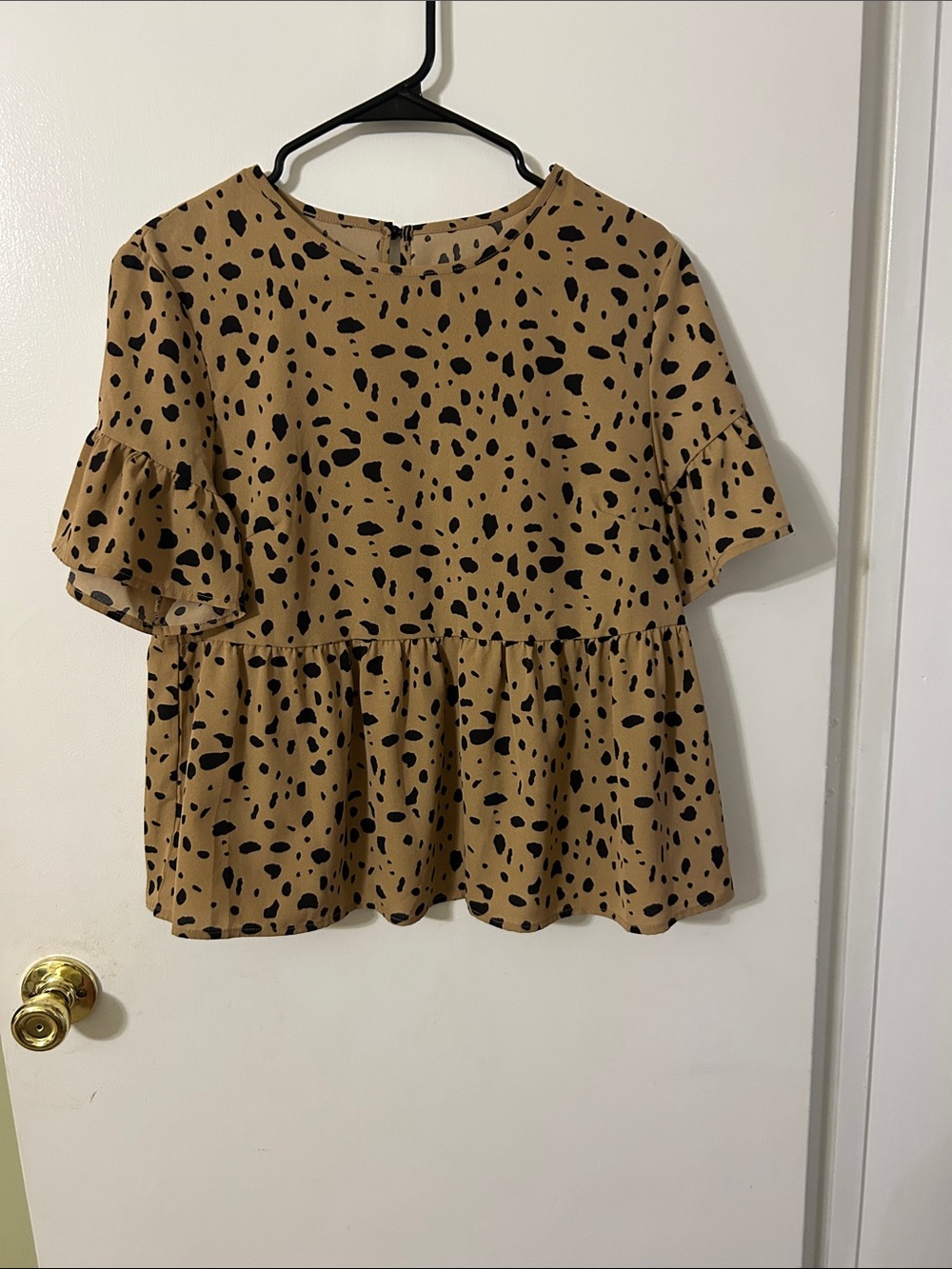 Women's Tan Peplum Blouse with Black Spot Print